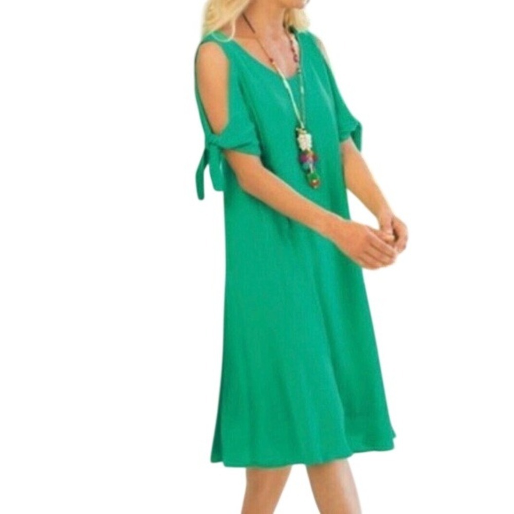 Soft Surroundings Emerald Green Crinkle Gauze Cold Shoulder Tassel Dress PL